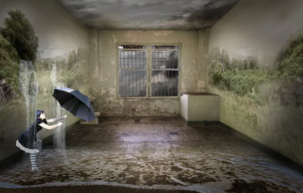 Picture girl, fantasy, room, umbrella