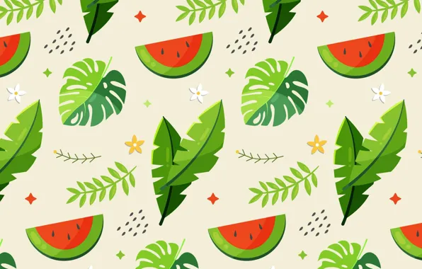 Leaves, texture, watermelon, fruit, flowers, light background, stars, watermelons
