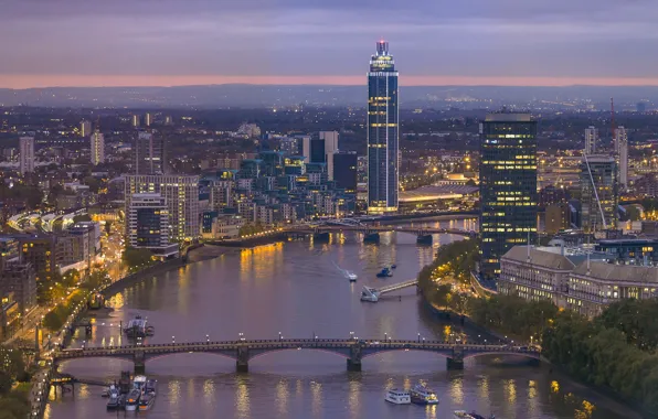 The sky, night, bridge, the city, lights, river, view, England