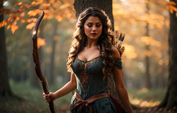 Autumn, forest, girl, light, flowers, nature, pose, weapons