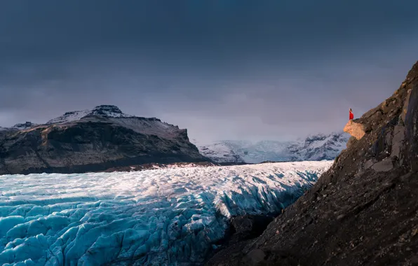 Picture girl, landscape, mountains, open, mood, rocks, glacier, red dress