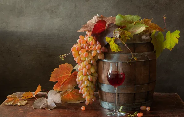 Leaves, table, wine, glass, grapes, still life, barrel, barrel