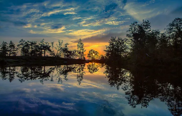 The sky, clouds, trees, lake, reflection, sunrise, dawn