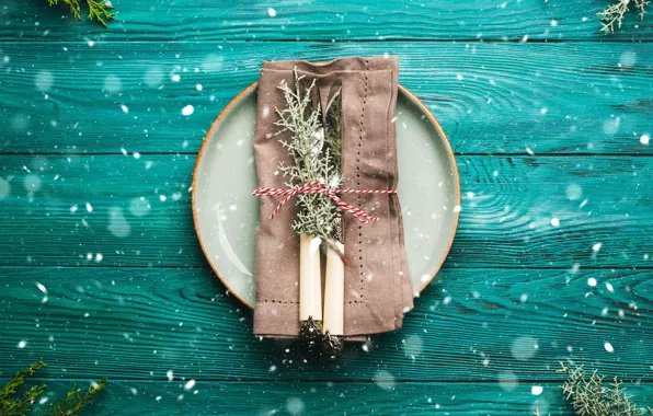 Snow, branches, holiday, Board, new year, plate, Christmas, knife