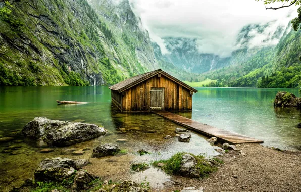 Picture mountains, lake, Germany, Bayern, hangar, house, obersee