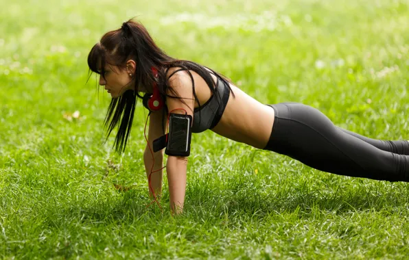 Park, model, brunette, fitness, pushups