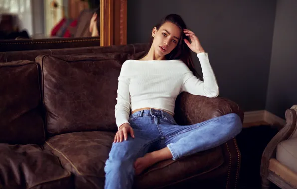 Picture chest, look, hair, Girl, jeans, sitting, Cyril Rogozhkin, Roza Royce