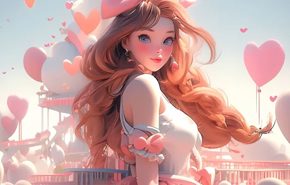 Eyes, look, beautiful, redhead, cutie, balloons, bokeh, digital art