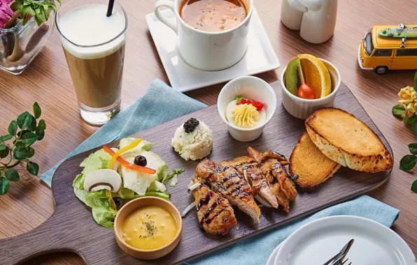 Coffee, soup, drink, salad, toast