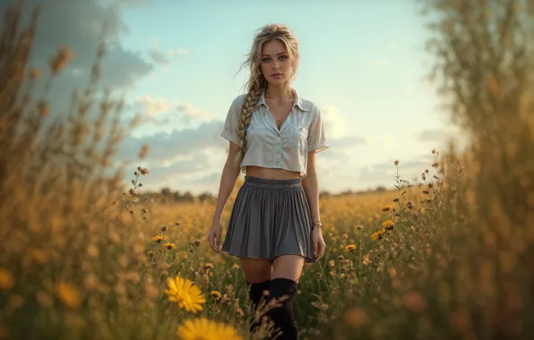 Picture long hair, women, blonde, skirt, Stable Diffusion, AI art, photoshopped