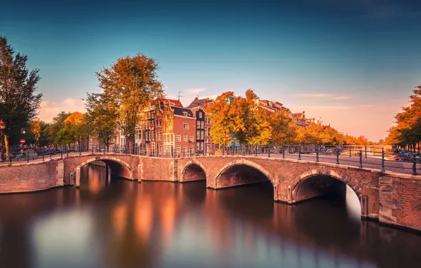 Picture autumn, trees, bridge, the city, river, building, Amsterdam, channel
