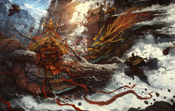 Fantasy, magic, dragon, art, battle, Zhichao Cai