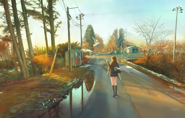Road, girl, posts, wire, home, anime, art, form