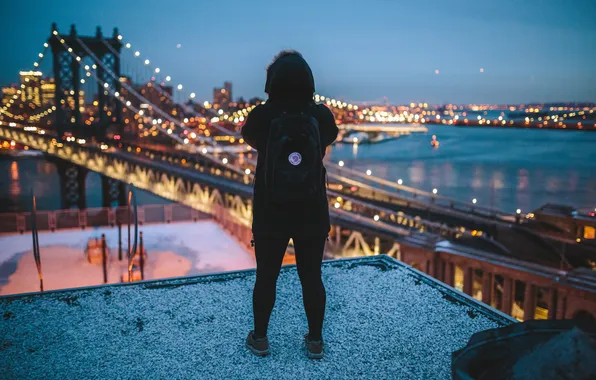 Picture girl, night, lights, New York, the hood, Manhattan, backpack, on the roof