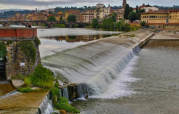 The sky, river, home, Italy, dam, Florence, Arno, bridge Amerigo Vespucci