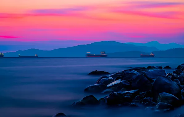 Picture sea, mountains, ship, hdr, glow