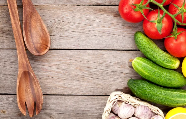 Lemon, Board, spoon, vegetables, tomatoes, cucumbers, garlic