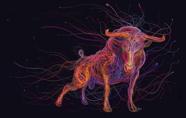 Picture abstraction, color, figure, horns, bull