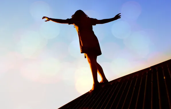 Roof, girl, sunset, danger, balance