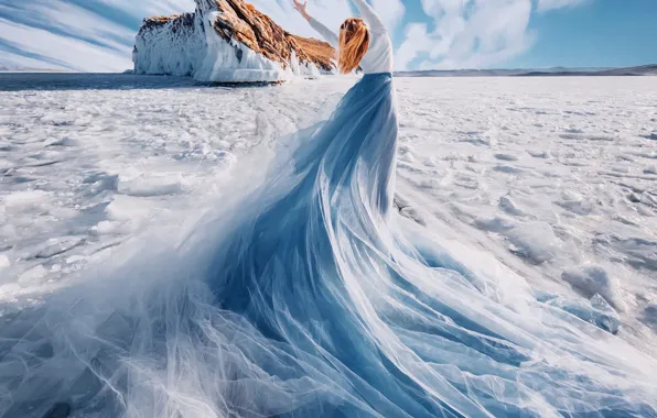 Winter, girl, clouds, snow, nature, pose, lake, mood