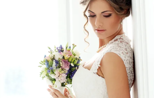 Eyes, girl, flowers, face, woman, bouquet, the bride