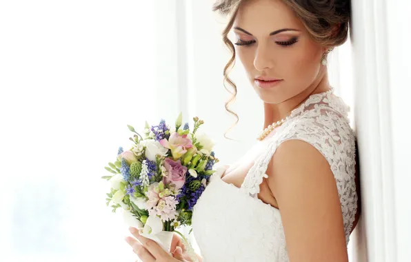 Eyes, flowers, face, woman, bouquet, Girls, bride