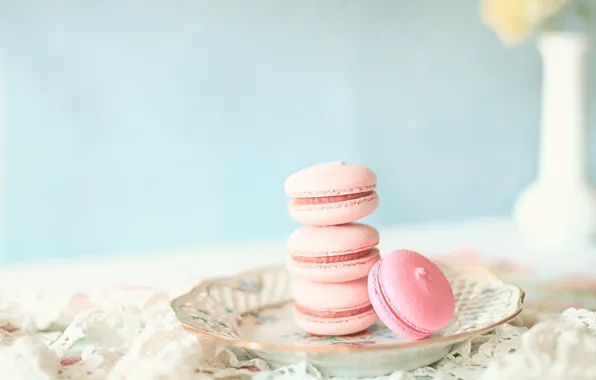 Pink, food, cookies, plate, cakes, macaron