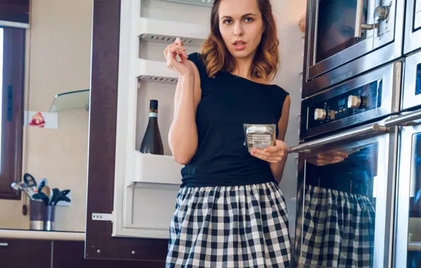 Hot girl, brown hair, model, sexy woman, photoshoot, posing, kitchen, beautiful face
