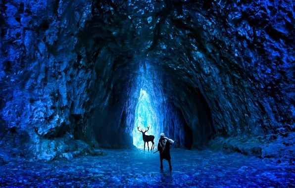 Picture cold, ice, weapons, people, deer, art, cave, romance of the Apocalypse