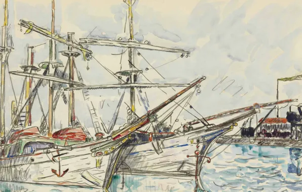 Picture figure, ship, port, watercolor, Saint-Malo, Paul Signac
