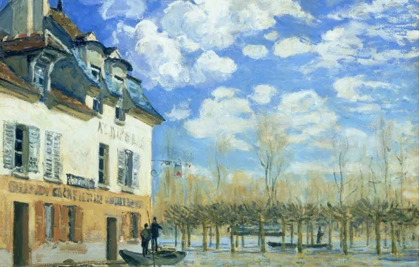 Picture landscape, house, picture, spring, Alfred Sisley, Flood at Port-Marly, floods
