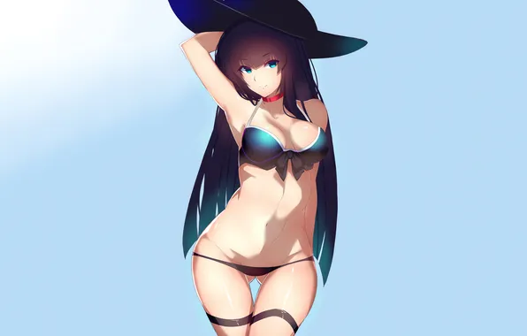 Girl, sexy, cleavage, green eyes, long hair, hat, boobs, sexy girl
