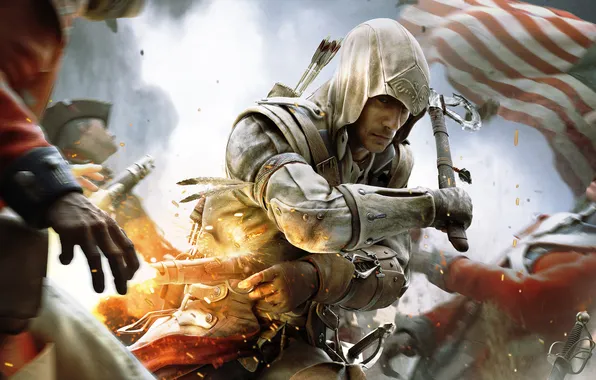 Picture weapons, flag, Indian, assassin, Connor, Assassins creed 3