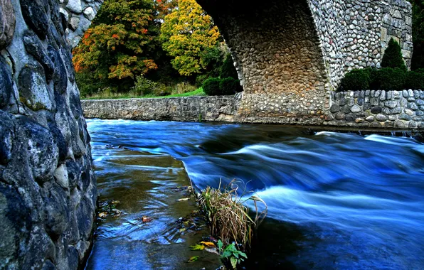 Autumn, trees, bridge, Park, river, stream