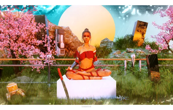 Picture girl, the sun, trees, fiction, sword, garden, meditation