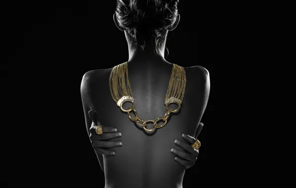Picture girl, background, gold, back, hands, ring, decoration, necklace