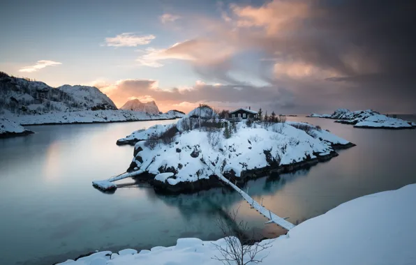 Winter, bridge, island, Norway, Troms County, Hamn
