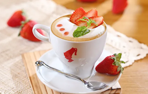 Foam, berries, coffee, milk, strawberry, spoon, Cup, drink