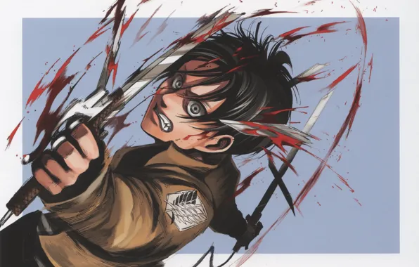 Picture blood, rage, the battle, madness, swords, art, military uniform, Eren Yeager