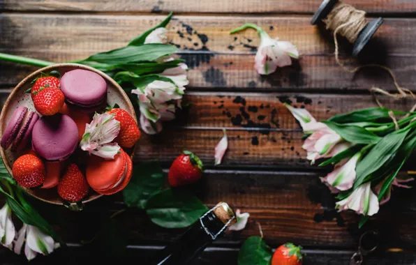 Flowers, strawberry, cakes, macaroon, alstomeria