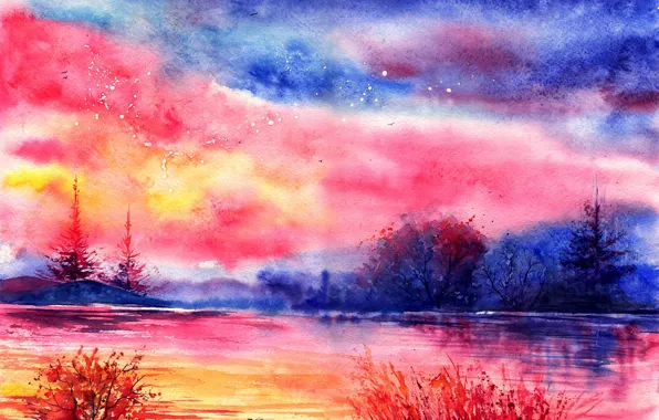 Trees, birds, the evening, watercolor, painted landscape, cloud. river