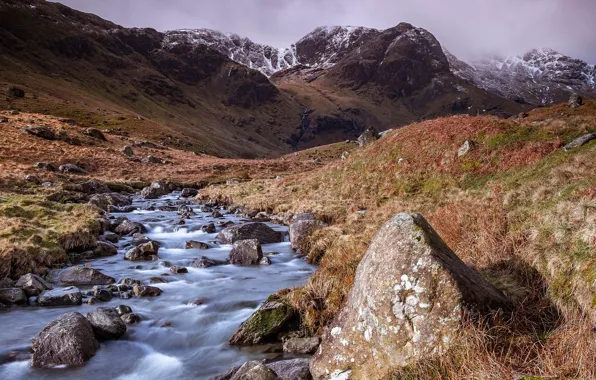 Mountains, stones, stream, river, Lake District