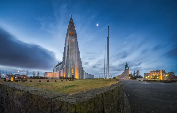 The sky, clouds, the evening, monument, Church, Iceland, Reykjavik, Reykjavik