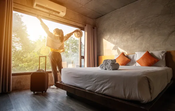 Picture Girl, Light, Room, Asian, Window, Bed, Hat, The hotel