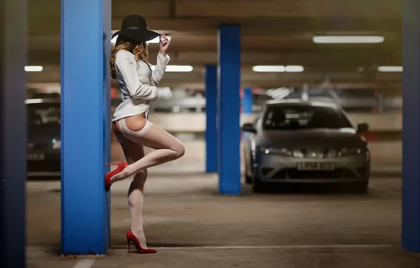 Machine, girl, stockings, hat, shoes, Parking, jacket, car