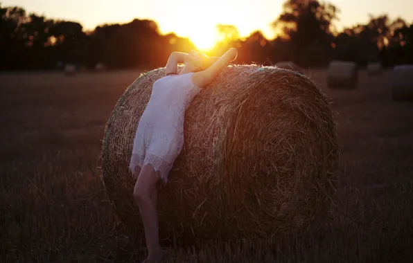 Picture girl, light, sunset, mood, hay