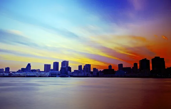 The sky, water, clouds, the city, home, the evening