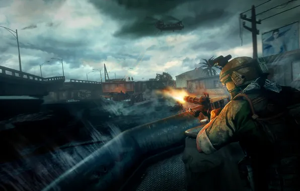 The city, rain, storm, soldiers, helicopter, Medal of Honor: Warfighter