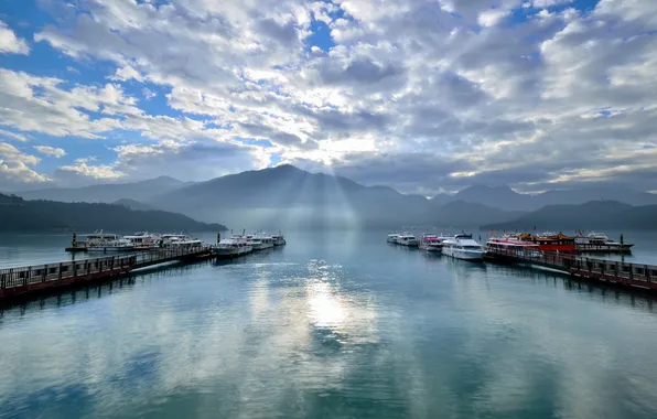 Mountains, lake, boat, pier