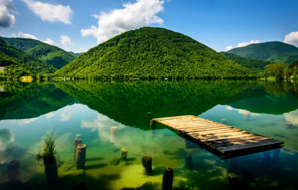 Picture greens, mountains, river, the bottom, pier, Bosnia and Herzegovina